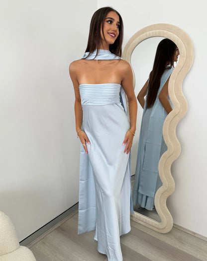 Elsa Strapless Scarf maxi dress in Ice Blue