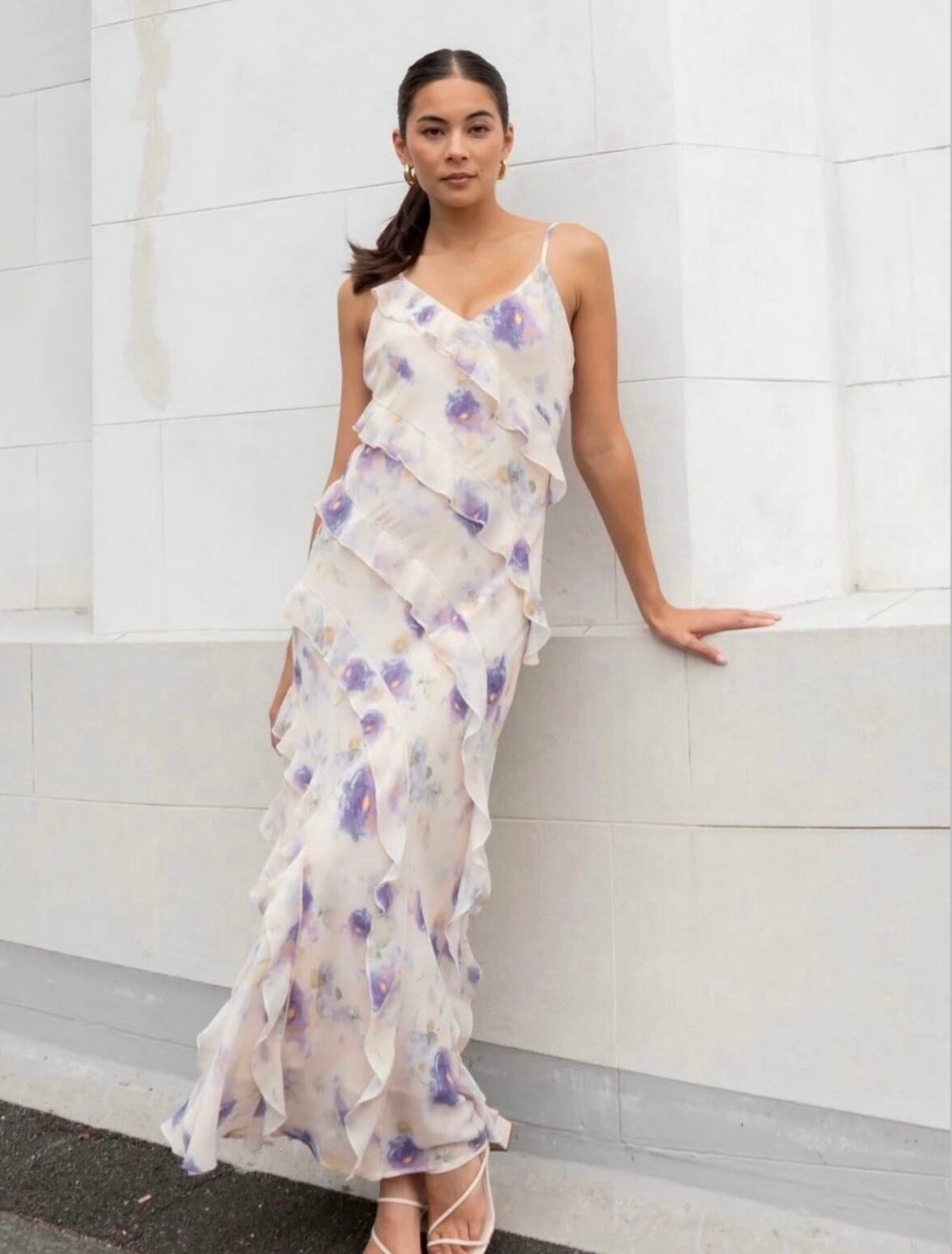 Galore floral bias ruffle slip maxi dress