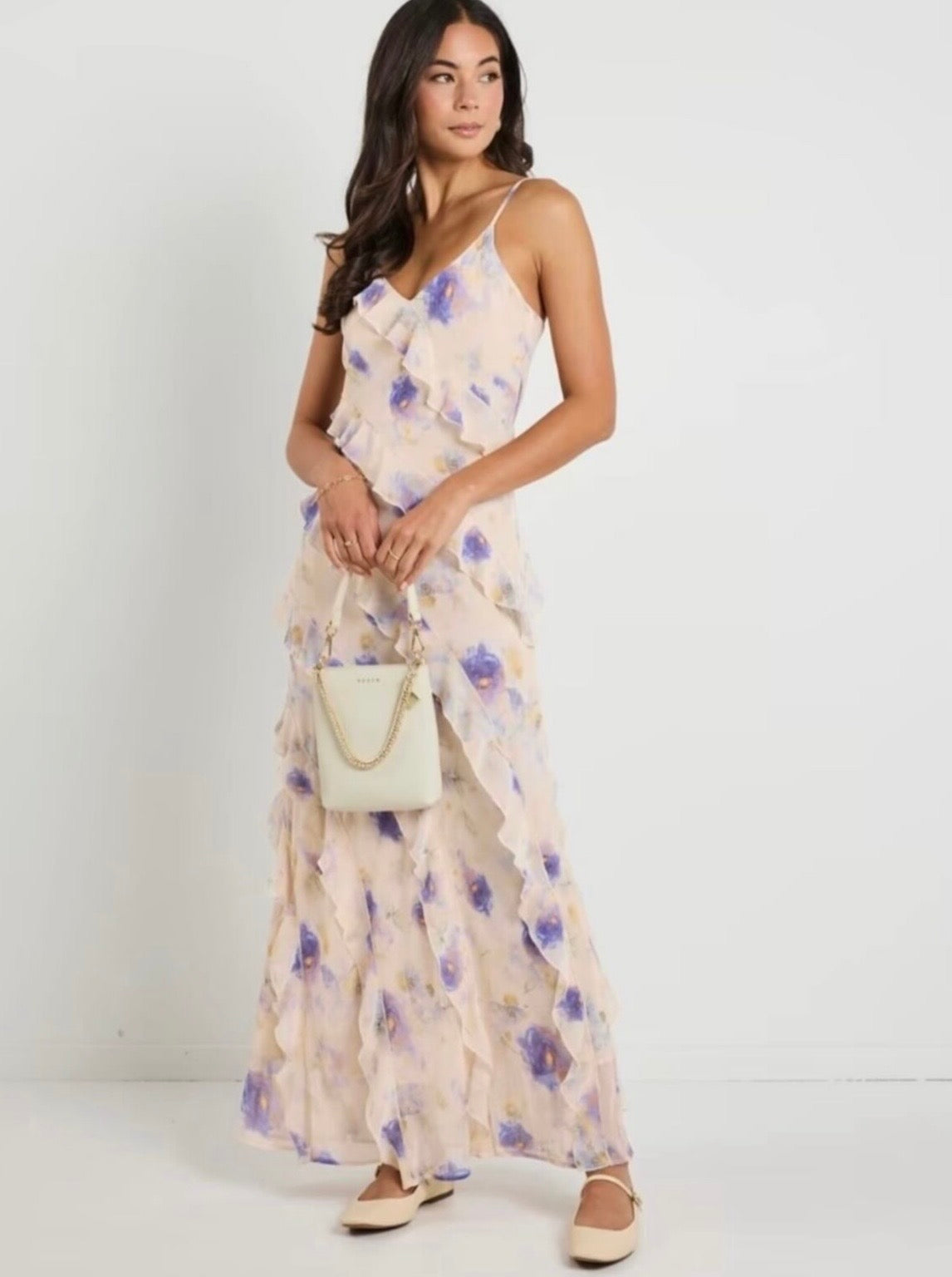 Galore floral bias ruffle slip maxi dress